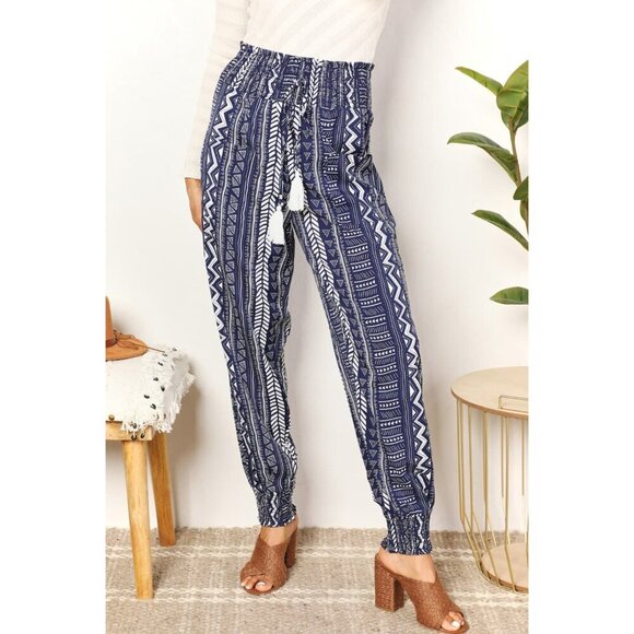 Double Take Geometric Print Tassel High-Rise Pants - Picture 1 of 6